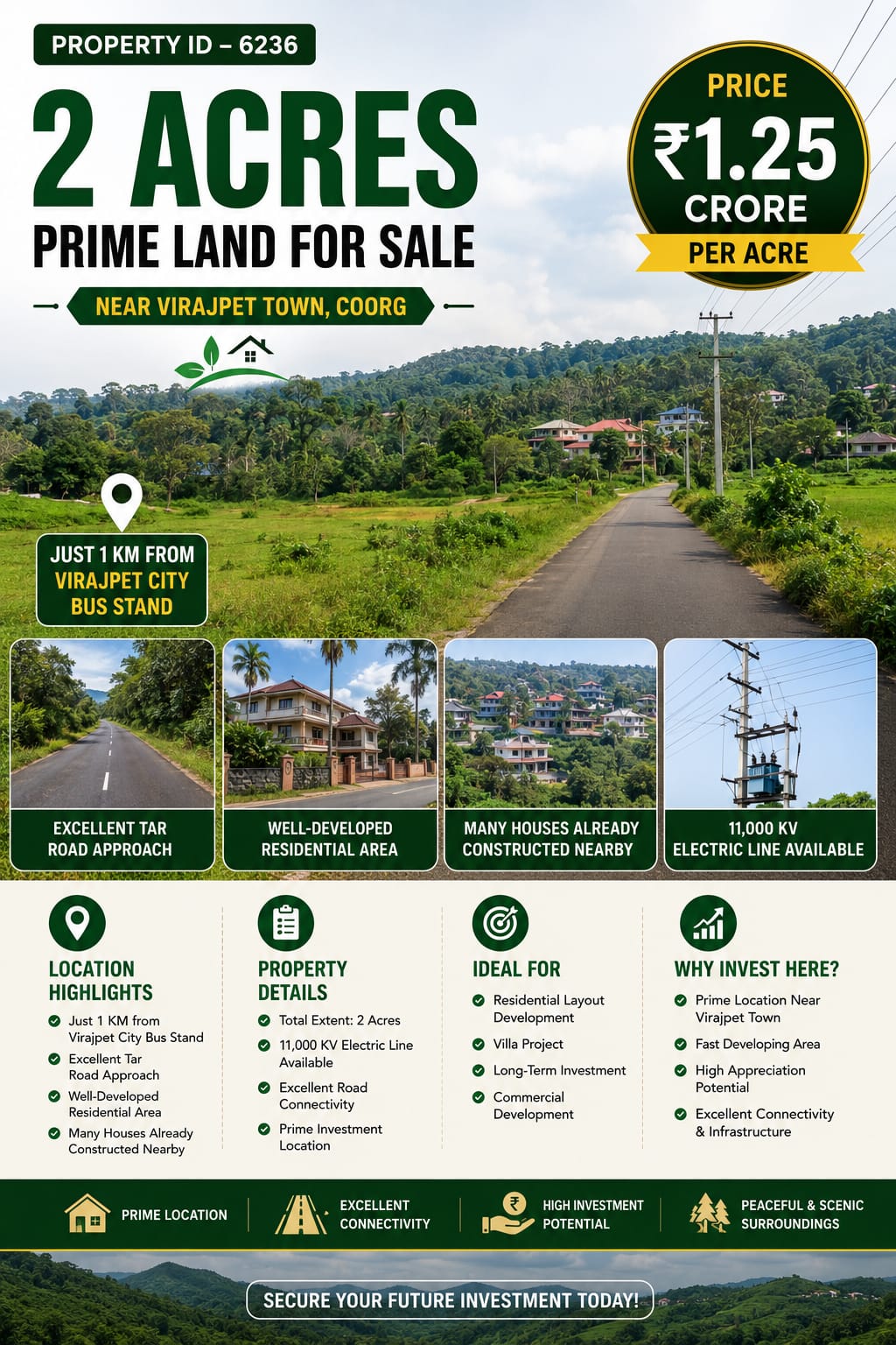 🆔 *PROPERTY ID – 6236* 🏡🌿 *2 Acres Prime Land for Sale – Near Virajpet Town, Coorg*